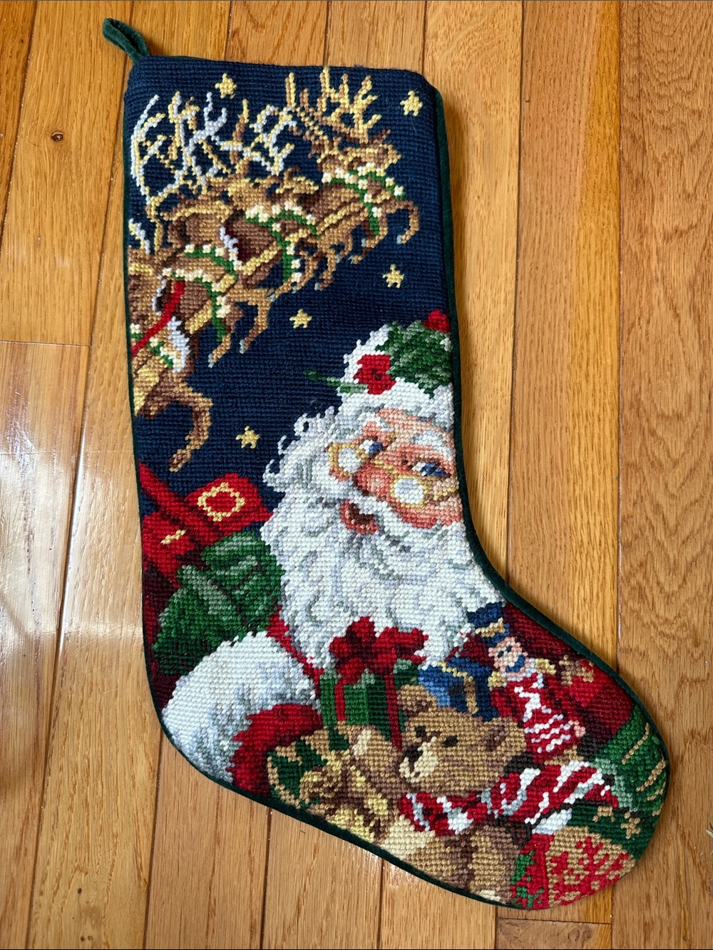 Beautiful hand-stitched, handmade Santa with reindeer Christmas stocking